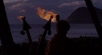 Movie still from “Forgetting Sarah Marshall” (2008), directed by Nicholas Stoller – A man that is standing in front of a fire; Wide shot, Over the shoulder angle