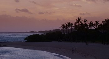 Movie still from “Forgetting Sarah Marshall” (2008), directed by Nicholas Stoller – People walking on the beach at dusk or dawn; Extreme Wide shot, High angle