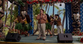 Movie still from “Forgetting Sarah Marshall” (2008), directed by Nicholas Stoller – A man is singing on a stage with a group of people; Wide shot, Over the shoulder angle