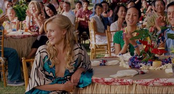 Movie still from “Forgetting Sarah Marshall” (2008), directed by Nicholas Stoller – A group of people sitting at a table with food; Medium shot, Over the shoulder angle