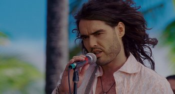 Movie still from “Forgetting Sarah Marshall” (2008), directed by Nicholas Stoller – A person holding a microphone on a microphone stand; Close Up shot, Low angle