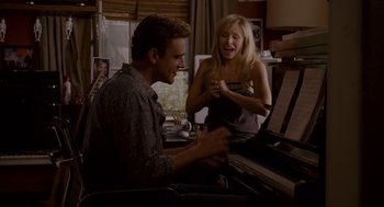 Movie still from “Forgetting Sarah Marshall” (2008), directed by Nicholas Stoller – A man and a woman playing a piano together; Medium shot, Over the shoulder angle