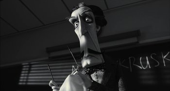 Movie still from “Frankenweenie” (2012), directed by Tim Burton – A black - and - white photo of a cartoon character; Close Up shot, Low angle