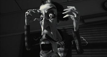 Movie still from “Frankenweenie” (2012), directed by Tim Burton – An old man with a mustache and a mustache on his face; Close Up shot, Low angle
