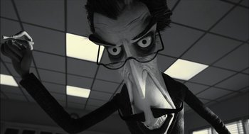 Movie still from “Frankenweenie” (2012), directed by Tim Burton – An animated character wearing glasses and a long beard; Close Up shot, Low angle