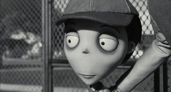 Movie still from “Frankenweenie” (2012), directed by Tim Burton – A black and white photo of an animated character; Close Up shot, Low angle