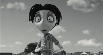 Movie still from “Frankenweenie” (2012), directed by Tim Burton – A black - and - white image of a cartoon character; Close Up shot, Low angle