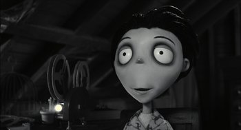 Movie still from “Frankenweenie” (2012), directed by Tim Burton – A black and white image of the head of frankenweenie; Close Up shot, Low angle