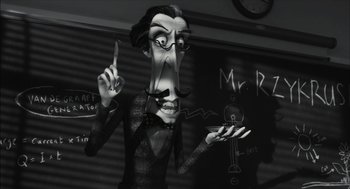 Movie still from “Frankenweenie” (2012), directed by Tim Burton – An animated man with a mustache holding a cell phone; Medium shot, Low angle