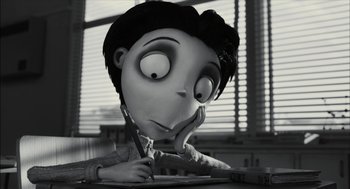 Movie still from “Frankenweenie” (2012), directed by Tim Burton – A black and white photo of an animated character; Close Up shot, High angle