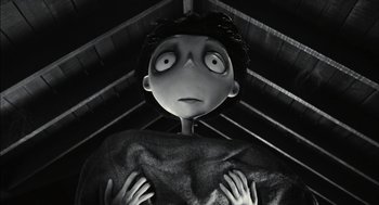 Movie still from “Frankenweenie” (2012), directed by Tim Burton – A black and white image of a character from frankenweenie; Medium shot, Low angle