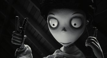 Movie still from “Frankenweenie” (2012), directed by Tim Burton – An animated character is holding a guitar in a black and white photo; Close Up shot, Low angle