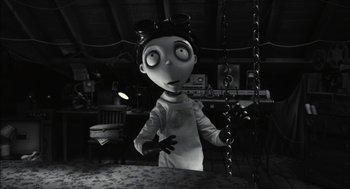 Movie still from “Frankenweenie” (2012), directed by Tim Burton – A black - and - white photo of a character from the movie frankenweenie; Medium shot, Low angle