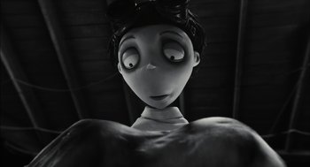 Movie still from “Frankenweenie” (2012), directed by Tim Burton – A black and white photo of an animated character; Close Up shot, Low angle