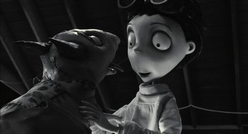 Movie still from “Frankenweenie” (2012), directed by Tim Burton – A black and white image of an animated character; Medium shot, Over the shoulder angle