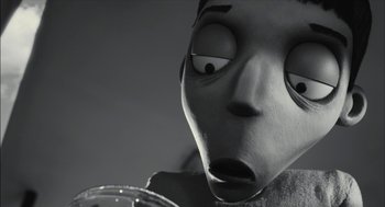 Movie still from “Frankenweenie” (2012), directed by Tim Burton – An animated character with a strange look on his face; Close Up shot, High angle