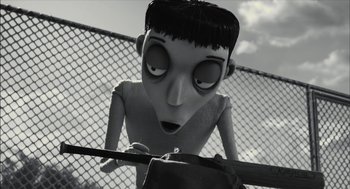 Movie still from “Frankenweenie” (2012), directed by Tim Burton – A black - and - white photo of a cartoon character; Close Up shot, Low angle