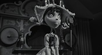 Movie still from “Frankenweenie” (2012), directed by Tim Burton – A black - and - white photo of a character from the movie frankenweenie; Close Up shot, Low angle