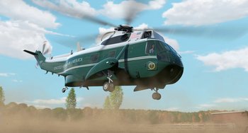 Movie still from “Free Birds” (2013), directed by Jimmy Hayward – A helicopter is flying low to the ground in the sky; Extreme Wide shot, Low angle