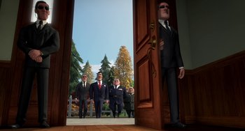 Movie still from “Free Birds” (2013), directed by Jimmy Hayward – A group of men standing in front of an open door; Wide shot, Low angle