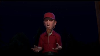 Movie still from “Free Birds” (2013), directed by Jimmy Hayward – An animated man wearing a red shirt and a red hat; Medium shot, Over the shoulder angle