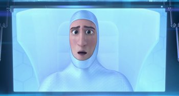 Movie still from “Free Birds” (2013), directed by Jimmy Hayward – An animated man in a white suit is looking at the camera; Close Up shot, Over the shoulder angle