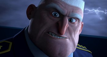 Movie still from “Free Birds” (2013), directed by Jimmy Hayward – An animated man with white hair and a smirking face; Close Up shot, Low angle