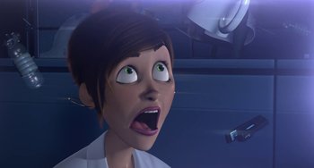 Movie still from “Free Birds” (2013), directed by Jimmy Hayward – An animated woman with green eyes is looking surprised; Close Up shot, Low angle