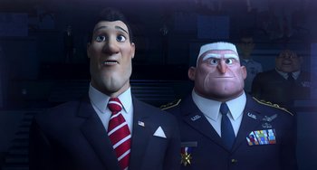 Movie still from “Free Birds” (2013), directed by Jimmy Hayward – Two cartoon characters in suits are standing next to each other; Medium shot, Low angle