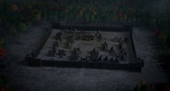 Movie still from “Free Birds” (2013), directed by Jimmy Hayward – An aerial view of a medieval village with tents; Extreme Wide shot, High angle