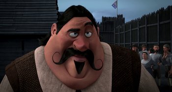 Movie still from “Free Birds” (2013), directed by Jimmy Hayward – An animated man with a beard and mustache wearing a shirt and tie; Close Up shot, Over the shoulder angle