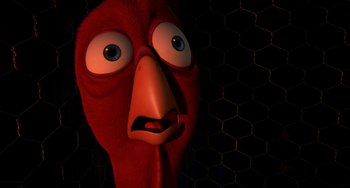 Movie still from “Free Birds” (2013), directed by Jimmy Hayward – An animated bird with a surprised look on its face; Extreme Close Up shot, High angle