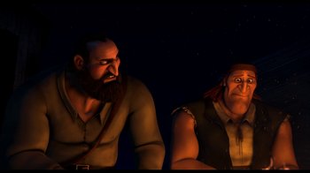 Movie still from “Free Birds” (2013), directed by Jimmy Hayward – A couple of people sitting next to each other in the dark; Medium shot, Over the shoulder angle