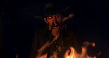 Movie still from “Free Birds” (2013), directed by Jimmy Hayward – A man in a hat and a suit is near a fire; Close Up shot, Low angle