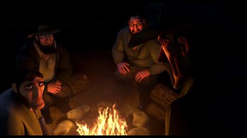 Movie still from “Free Birds” (2013), directed by Jimmy Hayward – A group of people sitting around a fire pit at night; Wide shot, High angle