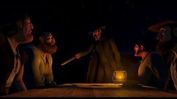 Movie still from “Free Birds” (2013), directed by Jimmy Hayward – An animated scene of a man holding a stick and a man in a black hat; Wide shot, Over the shoulder angle