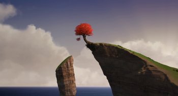 Movie still from “Free Birds” (2013), directed by Jimmy Hayward – A tree growing on top of a cliff; Extreme Wide shot, High angle