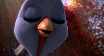 Movie still from “Free Birds” (2013), directed by Jimmy Hayward – The face of a cartoon bird; Extreme Close Up shot, High angle