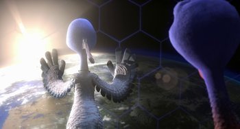 Movie still from “Free Birds” (2013), directed by Jimmy Hayward – An animated creature in the middle of a space scene; Medium shot, Low angle