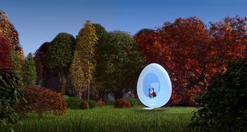 Movie still from “Free Birds” (2013), directed by Jimmy Hayward – An image of an egg in the middle of a field; Extreme Wide shot, High angle