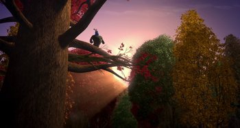 Movie still from “Free Birds” (2013), directed by Jimmy Hayward – A bird sitting on top of a tree in a wooded area; Extreme Wide shot, Low angle