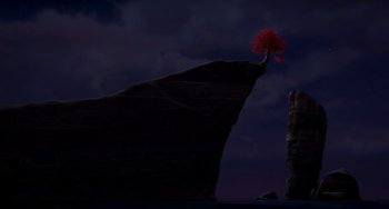 Movie still from “Free Birds” (2013), directed by Jimmy Hayward – A tree growing out of the side of a cliff; Extreme Wide shot, High angle