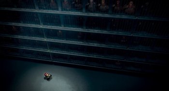 Movie still from “Free Birds” (2013), directed by Jimmy Hayward – An overhead view of a room filled with lots of cages; Extreme Wide shot, High angle