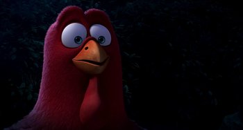 Movie still from “Free Birds” (2013), directed by Jimmy Hayward – A bird with its beak open; Close Up shot, High angle