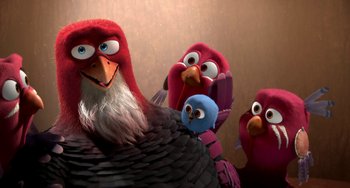 Movie still from “Free Birds” (2013), directed by Jimmy Hayward – A group of stuffed birds standing next to each other; Medium shot, Low angle