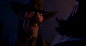 Movie still from “Free Birds” (2013), directed by Jimmy Hayward – An animated cowboy is looking at the camera; Close Up shot, Over the shoulder angle