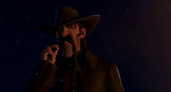 Movie still from “Free Birds” (2013), directed by Jimmy Hayward – An animated character in a cowboy hat and coat; Medium shot, Over the shoulder angle