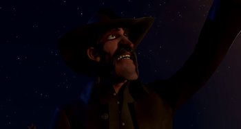 Movie still from “Free Birds” (2013), directed by Jimmy Hayward – An animated cowboy is looking up into the night sky; Close Up shot, Overhead angle