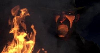 Movie still from “Free Birds” (2013), directed by Jimmy Hayward – A person wearing a hat with flames in the background; Extreme Close Up shot, Low angle