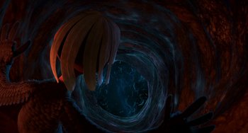 Movie still from “Free Birds” (2013), directed by Jimmy Hayward – An image of a person in a tunnel; Wide shot, Overhead angle